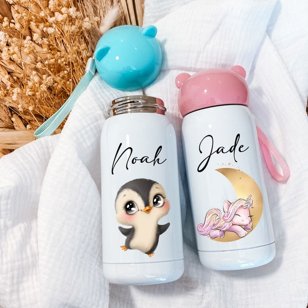 Personalized water bottle with first name / Pink or blue teddy bear cap 300 ml / Unicorn Penguin Lion Fox Rabbit Fawn Jungle Dinosaur ...