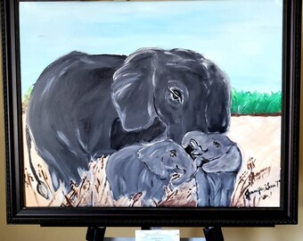 Mother Elephant and her Babies. Original painting on flat canvas