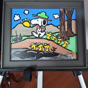 Camp Snoopy-schilderij met lijst, origineel schilderij, formaat 8 x 10.