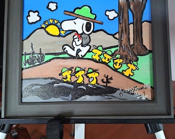 Camp Snoopy Painting with frame, original painting, size 8x10.