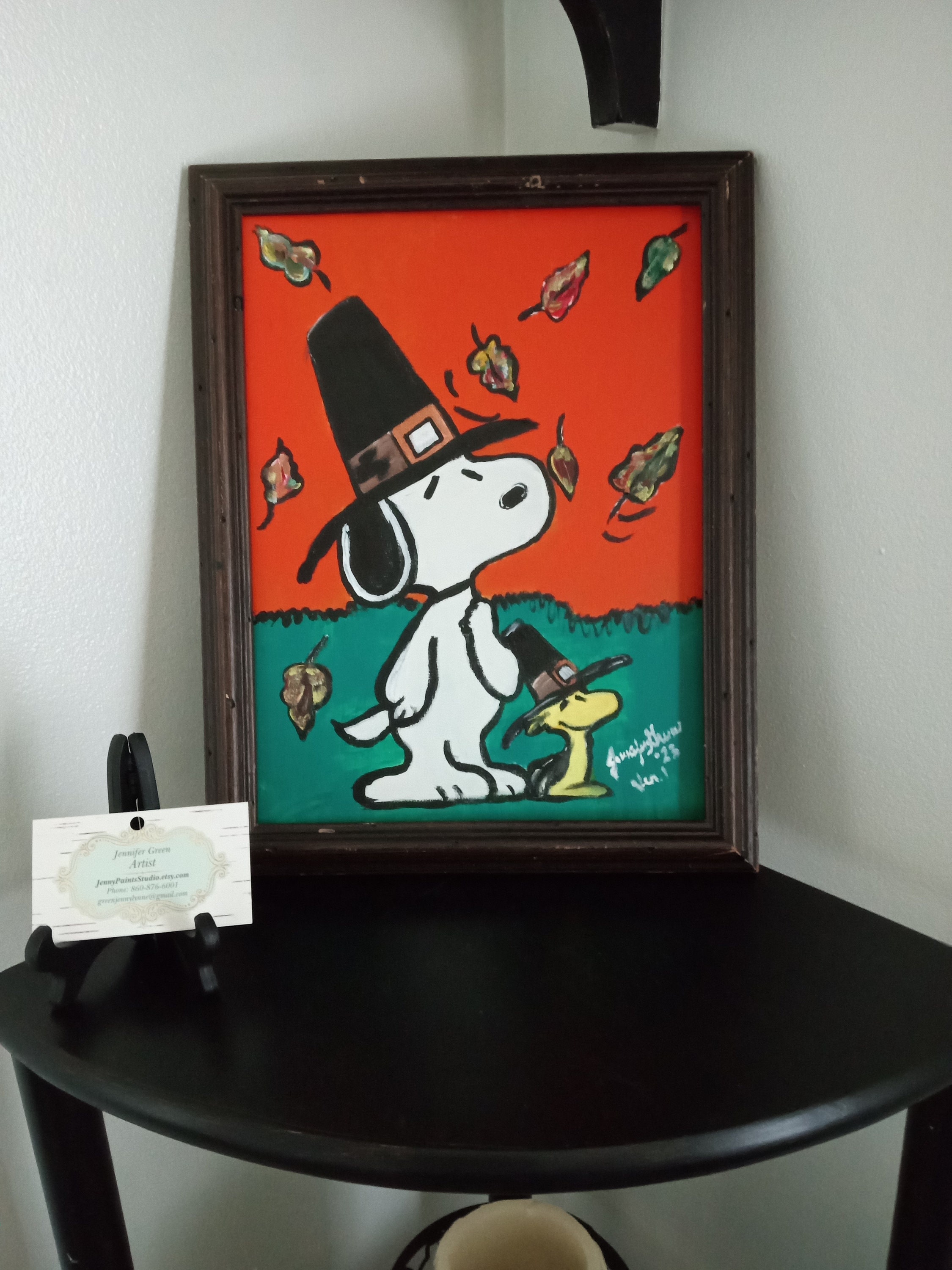 Snoopy and Woodstock Pilgrims for Thanksgiving.  Original Painting 11x14.