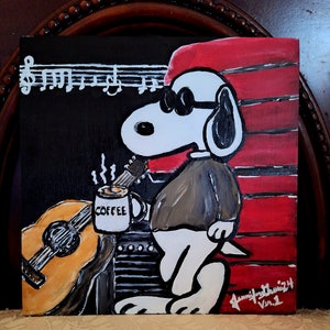 Snoopy, café y música, pintura original sobre lienzo cuadrado de madera de 8x8