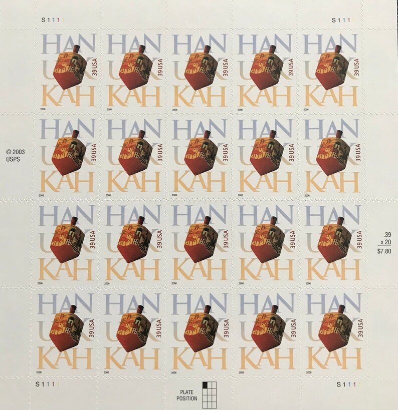 Full Sheet of 2006 39 Cent Hanukkah Jewish Holiday Postage20 Stamp SheetMNHScott #4118Spinning DreidelHebrew Holiday Celebration