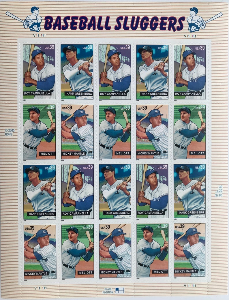 Baseball Sluggers/Sheet of 20/.39 Cent USPS Stamps for Etsy
