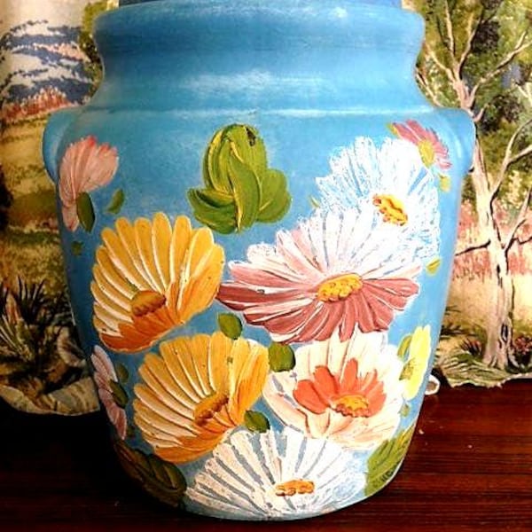 Vintage Blue Ransburg Crock- Floral Design-Textured Flowers- Wood Top-Kitchen Decor, Cookie Jar