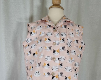 Toddler Girl's Blouse-Size 3T-Sleeveless-Button Up-Pink With Cat Faces-100% Cotton-Ready to Ship