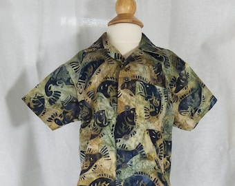 Baby Boy Shirt-Size 1/2T-Button-up Short Sleeve-Indonesian Batik-Jumping Fish Trout-Charcoal & Brown-100% Cotton-Ready to Ship