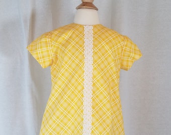 Toddler Girl's Dress-Size 3T-Mod Retro-Yellow Window-pane Plaid-Crochet Trim-100% Cotton-Ready to Ship