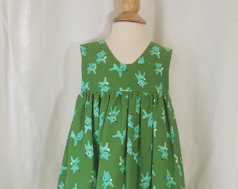 Baby Girl Sleeveless Dress-Size 1T-Deer-Aqua On Lime Green-Summer-Sundress With Lining-100% Cotton-Ready to Ship