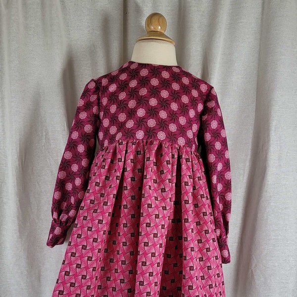 Toddler Dress-Size 4T-South African Shweshwe Fabric-Abstract Raspberry Pink Two Prints-Mod Retro-100% Cotton-Ready to Ship