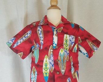 Toddler Hawaiian Aloha Shirt-Size 3T-Short Sleeve-Red-Surf Boards-Coconut Buttons-100% Cotton-Ready To Ship