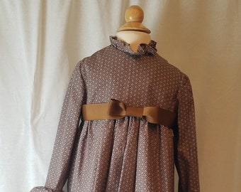 Toddler Girl's  Dress-Size 4T-Long Sleeve-Mod Retro-Taupe-Sepia Brown Ribbon-Empire Waist-Matching Scarf-100% Cotton-Ready to Ship