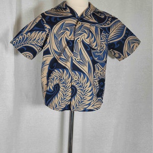 Toddler Hawaiian Aloha Shirt-Size 4T-Short Sleeve-Abstract Leaf Design-Two Tone Navy & Tan-Coconut Buttons -100% Cotton-Ready To Ship