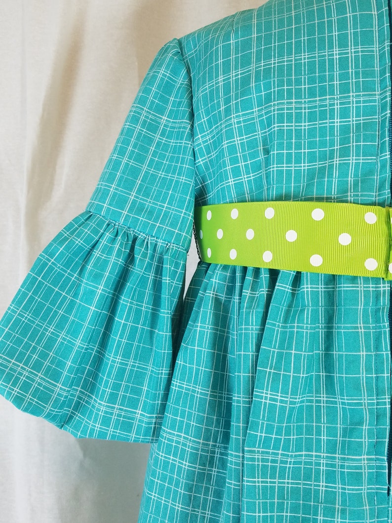 Toddler Girl/'s Dress-Size 4T-Mod Retro-Lantern Sleeve-Turquoise-Apple Green Polka Dot Ribbon-100/% Cotton-Ready to Ship
