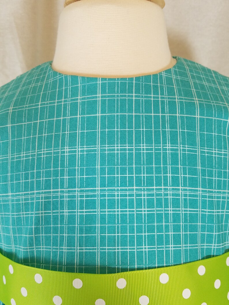 Toddler Girl/'s Dress-Size 4T-Mod Retro-Lantern Sleeve-Turquoise-Apple Green Polka Dot Ribbon-100/% Cotton-Ready to Ship