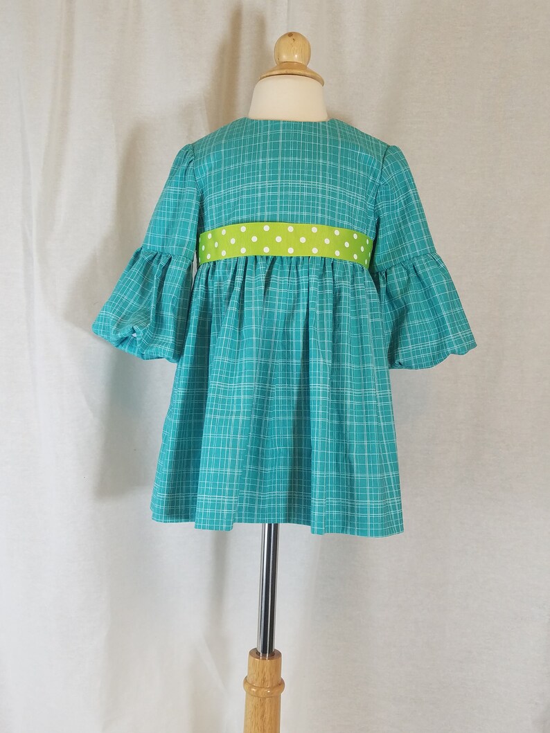 Toddler Girl/'s Dress-Size 4T-Mod Retro-Lantern Sleeve-Turquoise-Apple Green Polka Dot Ribbon-100/% Cotton-Ready to Ship