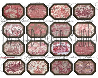 French Red "Toile de Jouy" Digital Junk Journal Labels