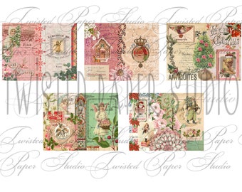 Puede incluir: Una hoja de collage digital con 6 imágenes que presentan ilustraciones navideñas vintage. Las imágenes incluyen un árbol de Navidad, un pájaro en una jaula, un Papá Noel y una tarjeta de Navidad. Las imágenes están en un esquema de color rosa, verde y blanco.