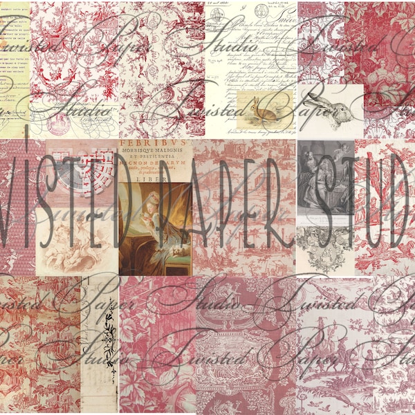 French Red "Toile de Jouy" Digital Junk Journal Kit Classic & Tall Journal Pages