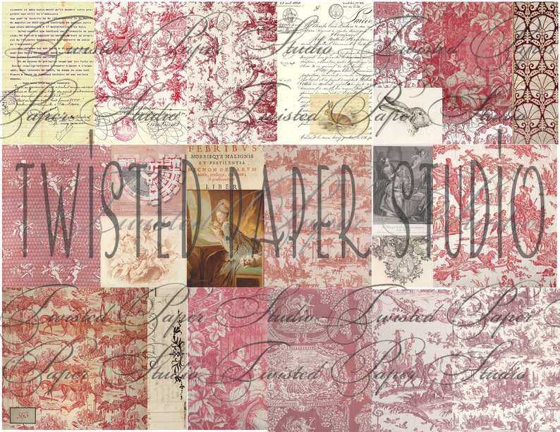 French Red Toile de Jouy Digital Junk Journal Kit Classic & Tall Journal Pages image 1