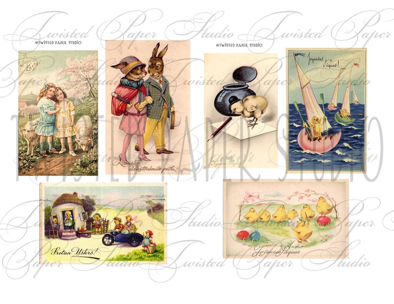 May include: A collection of six vintage Easter postcards featuring illustrations of children, animals, and religious symbols. The postcards are printed on thick paper with a textured surface. The colors are bright and cheerful, and the images are full of detail. The postcards are perfect for adding a touch of vintage charm to your Easter decorations.