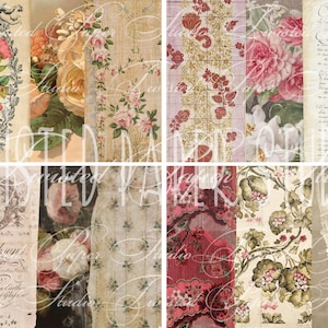 Puede incluir: Un collage de hojas de papel de estilo vintage con diseños florales y de escritura. Las hojas presentan rosas, encajes y texto antiguo, en tonos de rosa, crema y marrón. Algunas hojas tienen el texto "John Dobson" y "Twisted Paper Studio".