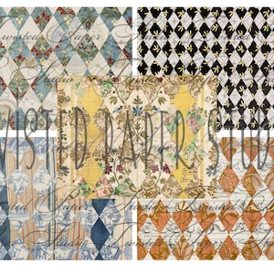 Könnte beinhalten: Eine Collage aus gemusterten Papierbögen mit Harlekin- und floralen Designs. Die Farbpalette umfasst Blau-, Gold- und Brauntöne. Einige Bögen haben Textüberlagerungen. Das Gesamtthema ist Vintage und dekorativ.