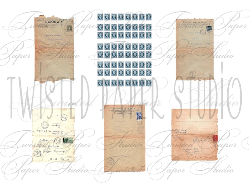Peut inclure: Une collection d'&eacute;ph&eacute;m&egrave;res en papier vintage, comprenant des lettres, des enveloppes et des timbres. Le papier est vieilli et a une teinte jaun&acirc;tre. Les timbres sont bleus et pr&eacute;sentent un motif de t&ecirc;te de personne. Le texte sur le papier comprend "GIRODON & C" et "SOCIETE GENERALE".