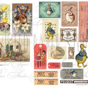 May include: A digital collage of vintage images featuring Easter themes, including bunnies, chicks, ducks, and eggs. The images are in various colors, including pink, blue, yellow, and green. The collage is perfect for crafting and scrapbooking.