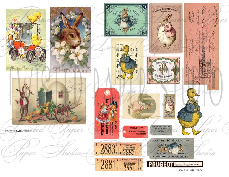 May include: A digital collage of vintage images featuring Easter themes, including bunnies, chicks, ducks, and eggs. The images are in various colors, including pink, blue, yellow, and green. The collage is perfect for crafting and scrapbooking.