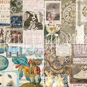 Könnte beinhalten: Eine Collage im Vintage-Stil mit verschiedenen Bildern und Textfragmenten. Die Gestaltung umfasst Illustrationen von Kaninchen, Blumenmustern und handschriftlichen Schriftzügen. Die Farbpalette ist gedämpft, mit weichen Grün-, Blau- und Brauntönen, die Nostalgie wecken.