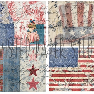 Könnte beinhalten: Eine Collage aus Papieren mit patriotischem Thema. Die Designs umfassen rot-, weiß- und blaue Muster, Blumendrucke und Illustrationen eines Mädchens in patriotischer Kleidung und eines Uncle-Sam-Hutes. Der Text "Twisted Paper Studio" ist sichtbar.