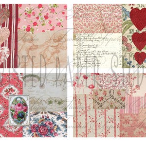 Könnte beinhalten: Eine Collage aus verschiedenen gemusterten Papieren in Rot-, Rosa- und Cremetönen. Die Designs umfassen florale Drucke, Streifen und Herzen. Einige Papiere weisen handschriftliche Schriftzüge und Illustrationen auf, die eine Vintage-Ästhetik erzeugen.