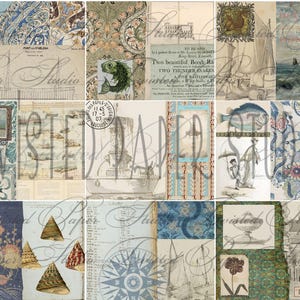May include: A collage of vintage-style paper sheets with nautical and botanical illustrations. The sheets feature images of sailboats, fish, seashells, and floral patterns in shades of blue, green, and beige. Some sheets have handwritten text.