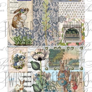 Puede incluir: Un collage de ilustraciones de estilo vintage con conejos, flores y elementos arquitectónicos. El diseño incorpora estampados botánicos, talones de boletos y texto en francés. Los colores incluyen azul, marrón y crema.