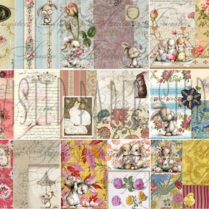 Könnte beinhalten: Eine Collage von Vintage-Bildern zum Thema Ostern. Die Bilder zeigen Hasen, Eier, Blumen und gemusterte Hintergründe in Pastellfarben. Einige Bilder enthalten Text und dekorative Elemente, die eine charmante, nostalgische Ästhetik schaffen.