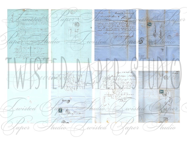 Peut inclure: Un collage de six feuilles de papier vintage bleu clair avec du texte manuscrit et des timbres. Le papier a un aspect d&eacute;lav&eacute; et vieilli, parfait pour le scrapbooking ou l'artisanat.