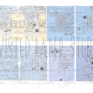 Peut inclure: Un ensemble de huit papiers d'&eacute;poque bleus avec du texte manuscrit et des timbres. Le papier est vieilli et a un aspect vieilli. Le papier est parfait pour le scrapbooking, la fabrication de cartes et autres travaux manuels en papier.