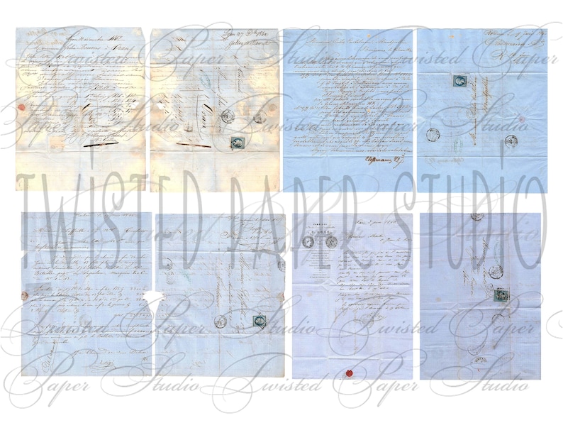 Peut inclure: Un ensemble de huit papiers d'&eacute;poque bleus avec du texte manuscrit et des timbres. Le papier est vieilli et a un aspect vieilli. Le papier est parfait pour le scrapbooking, la fabrication de cartes et autres travaux manuels en papier.