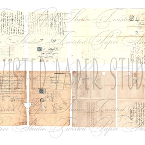 Peut inclure: Une collection de huit textures de papier vintage avec du texte manuscrit et des timbres. Le papier est vieilli et a une teinte jaun&acirc;tre. Le papier est parfait pour le scrapbooking, la fabrication de cartes et autres travaux manuels en papier.