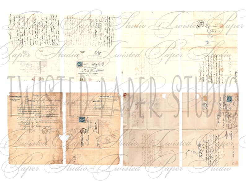 Peut inclure: Une collection de huit textures de papier vintage avec du texte manuscrit et des timbres. Le papier est vieilli et a une teinte jaun&acirc;tre. Le papier est parfait pour le scrapbooking, la fabrication de cartes et autres travaux manuels en papier.