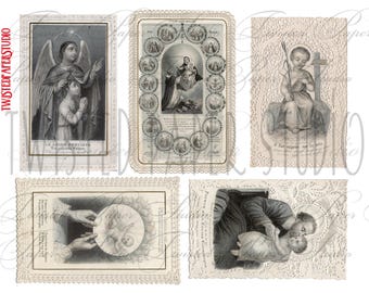 May include: Four vintage religious images with lace borders. The images depict a guardian angel with a child, the Virgin Mary with baby Jesus, a young boy holding a cross, and a man holding a child.