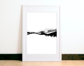 Abstract Watercolor Print - Watercolor Mountain Landscape - Minimalist Painting Print - Monochrome Art - Black and White Giclee Art Print