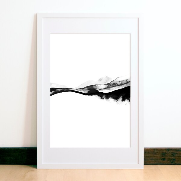 Impression d’aquarelle abstraite - Paysage de montagne d’aquarelle - Impression de peinture minimaliste - Art monochrome - Noir et Blanc Giclee Art Print