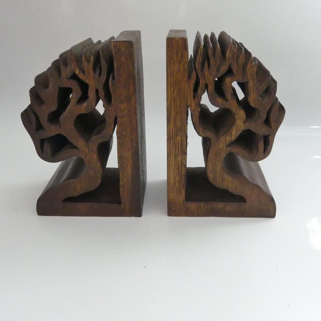 Tree Bookends Vintage Tree of Life Hand Carved Wooden Bookends, 8