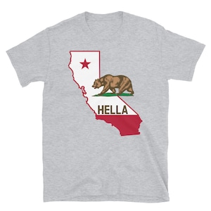 May include: Gray short-sleeved t-shirt with a graphic of the California state outline, a red star, a brown bear, and the word "HELLA" in red.