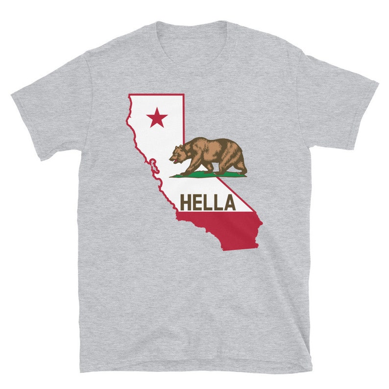 May include: Gray short-sleeved t-shirt with a graphic of the California state outline, a red star, a brown bear, and the word "HELLA" in red.
