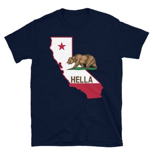 May include: A navy blue t-shirt with a graphic of the California state flag. The flag features a grizzly bear, a red star, and the text "HELLA".