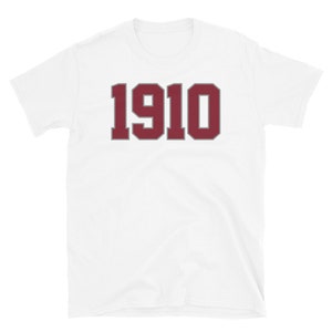 May include: White short-sleeved t-shirt with a maroon number "1910" printed on the front in a bold, varsity-style font.