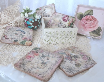 Shabby chic coasters with box Coaster set Handmade coasters Retro coasters with holder Cup coaster Decorated coasters Coasters with holder